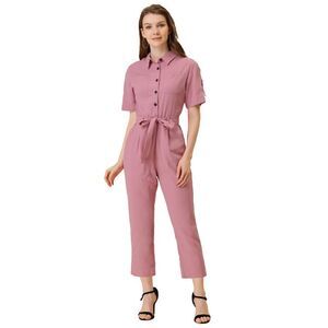 Short Sleeve Collared Cropped Button Down Tie Waist Cotton Cargo Jumpsuit Pink